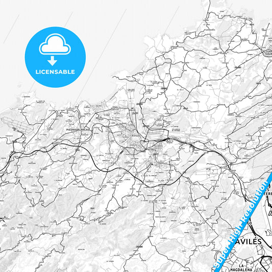 Avilés, Spain light map with streetnames, citynames and districts
