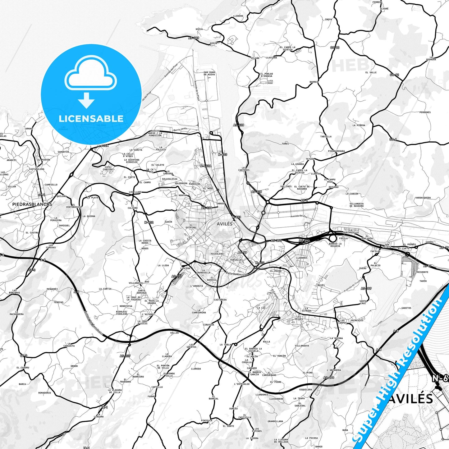 Avilés, Spain Light Map with Street Names, City Names, and Districts