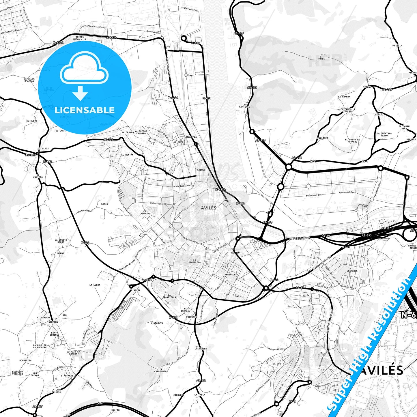 Avilés, Spain Light Map with Street Names, City Names, and Districts