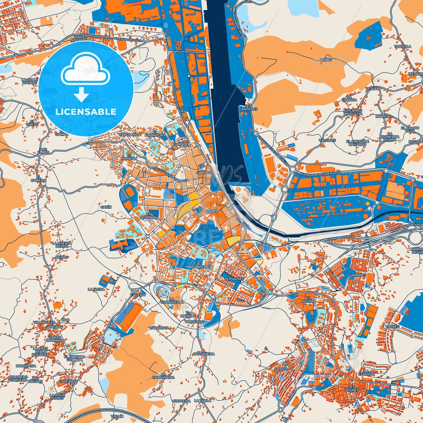 Colorful Avilés Street Map with Labels and Buildings