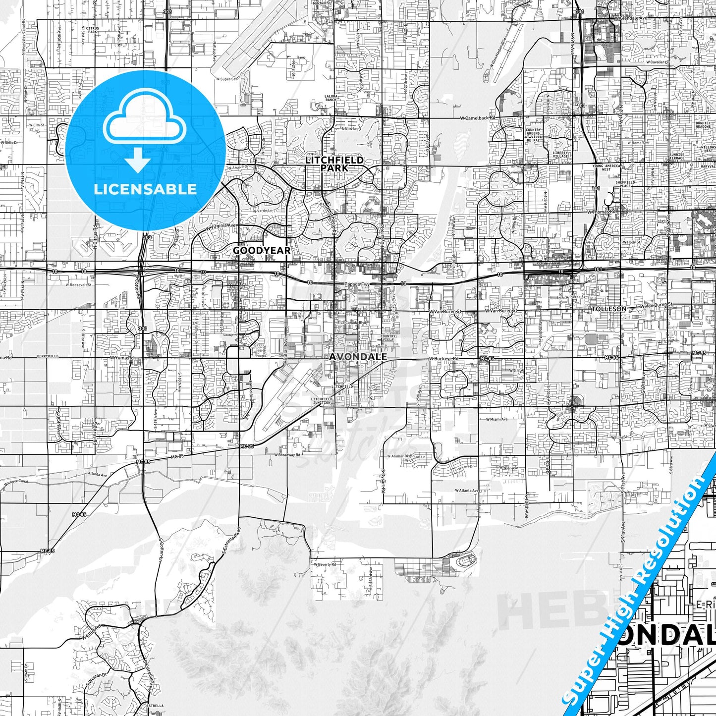 Avondale, Arizona light map with streetnames, citynames and districts