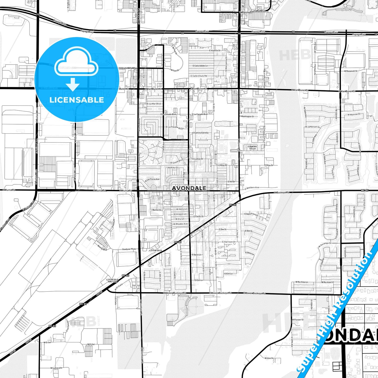 Avondale, Arizona Light Map with Street Names, City Names, and Districts