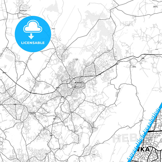 Awka, Nigeria light map with streetnames, citynames and districts