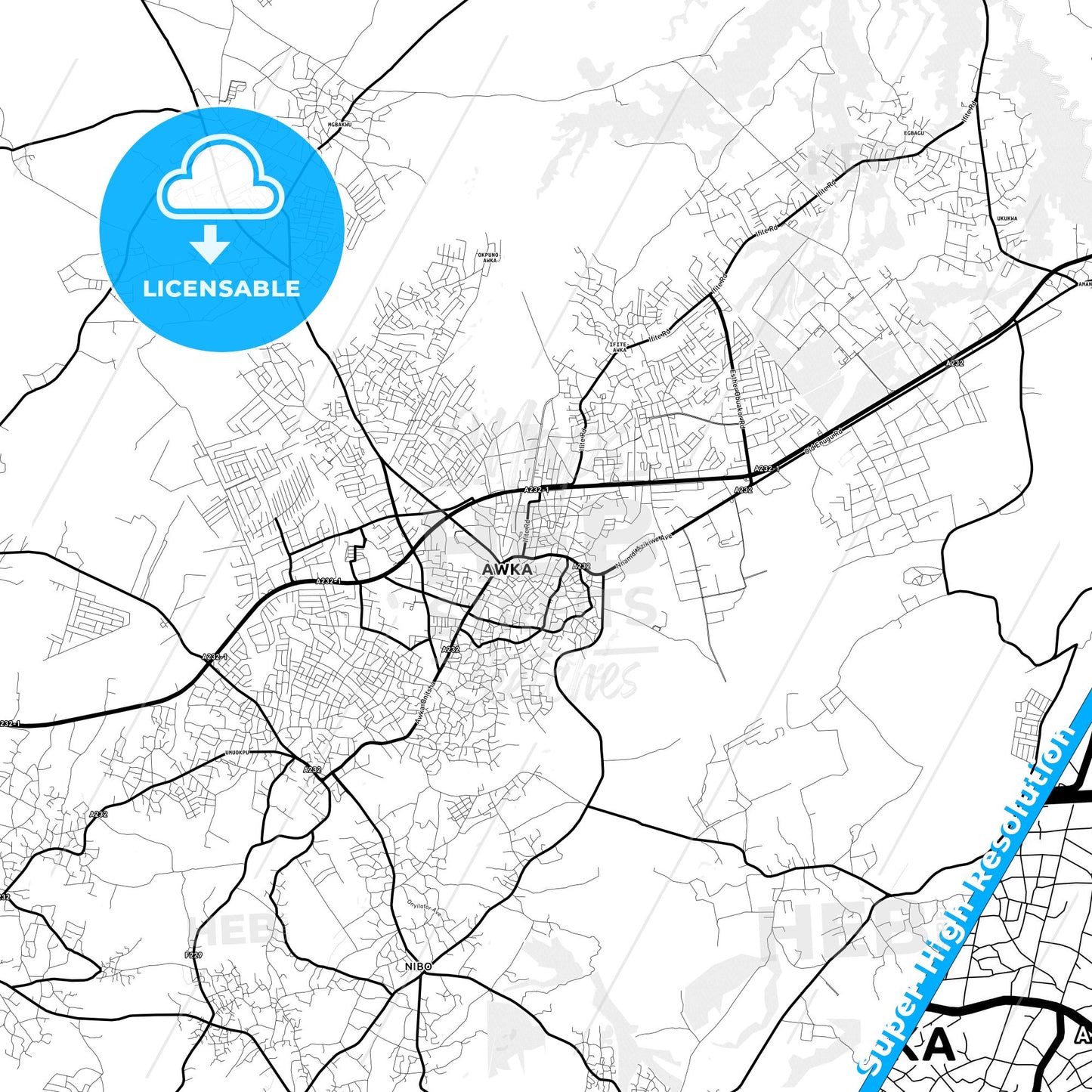 Awka, Nigeria Light Map with Street Names, City Names, and Districts