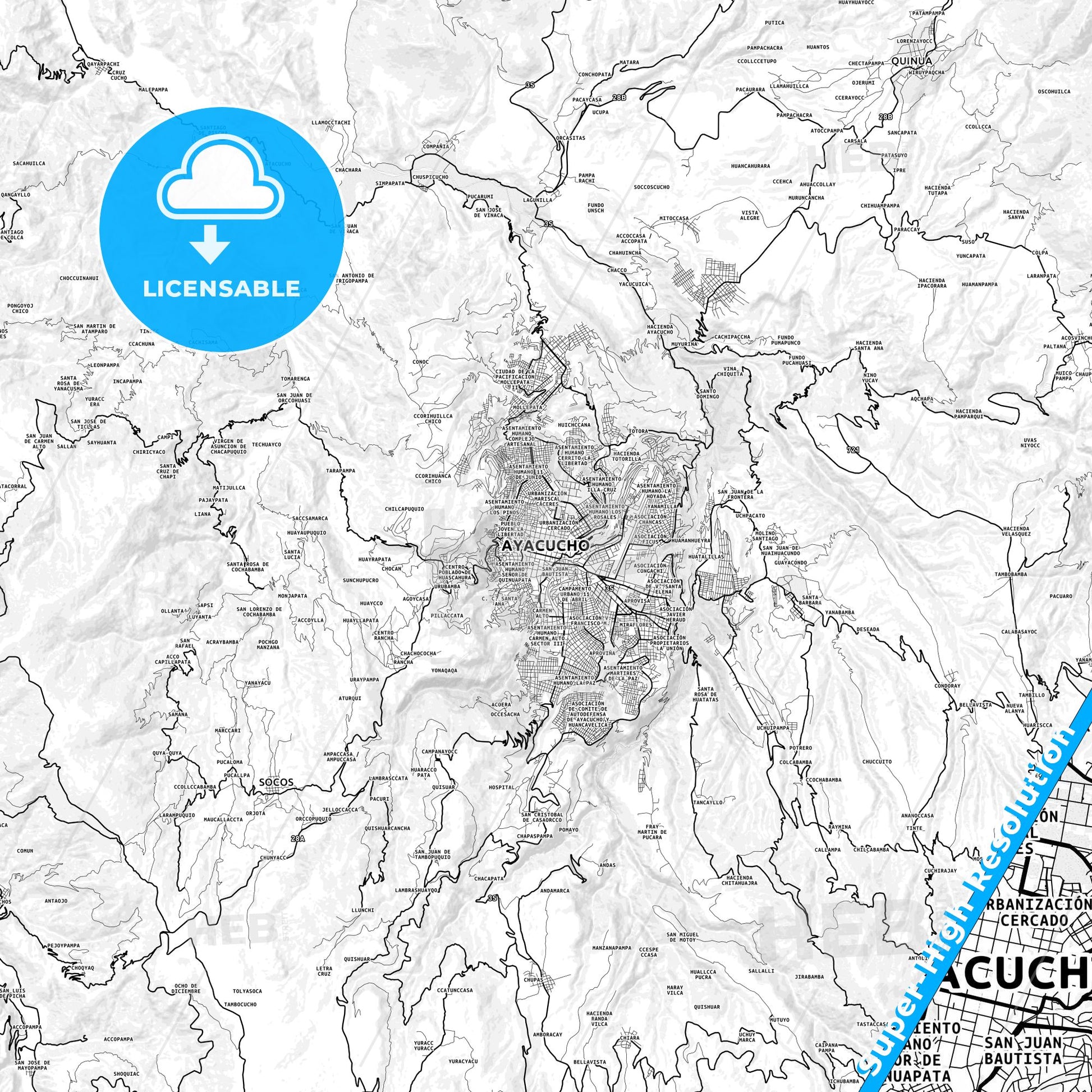 Ayacucho, Peru light map with streetnames, citynames and districts
