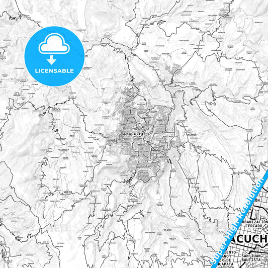 Ayacucho, Peru light map with streetnames, citynames and districts