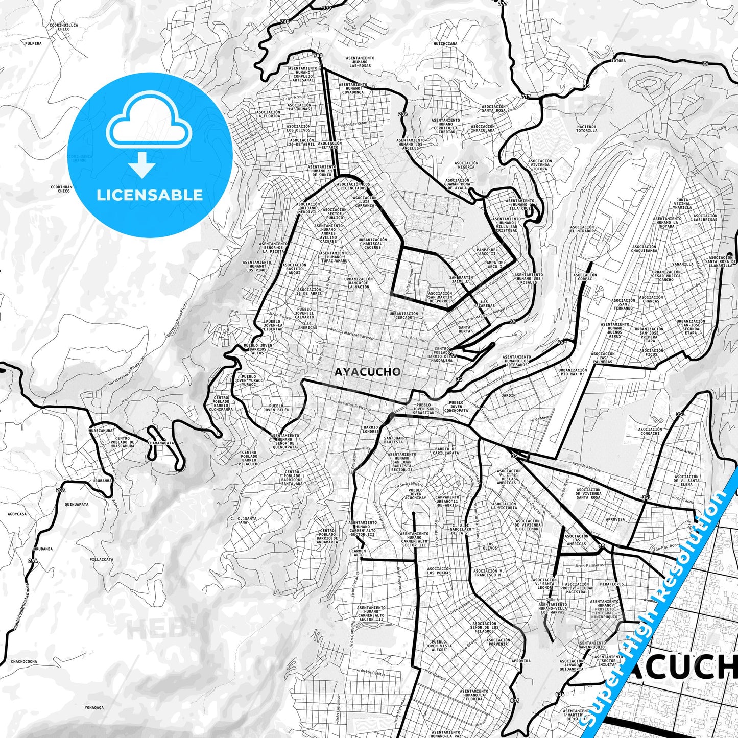 Ayacucho, Peru Light Map with Street Names, City Names, and Districts