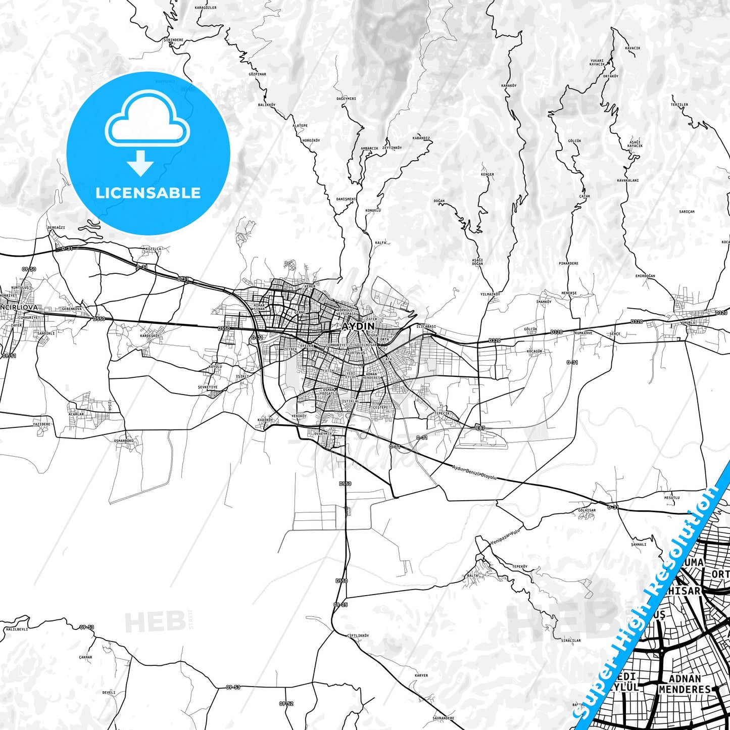 Aydın, Turkey light map with streetnames, citynames and districts