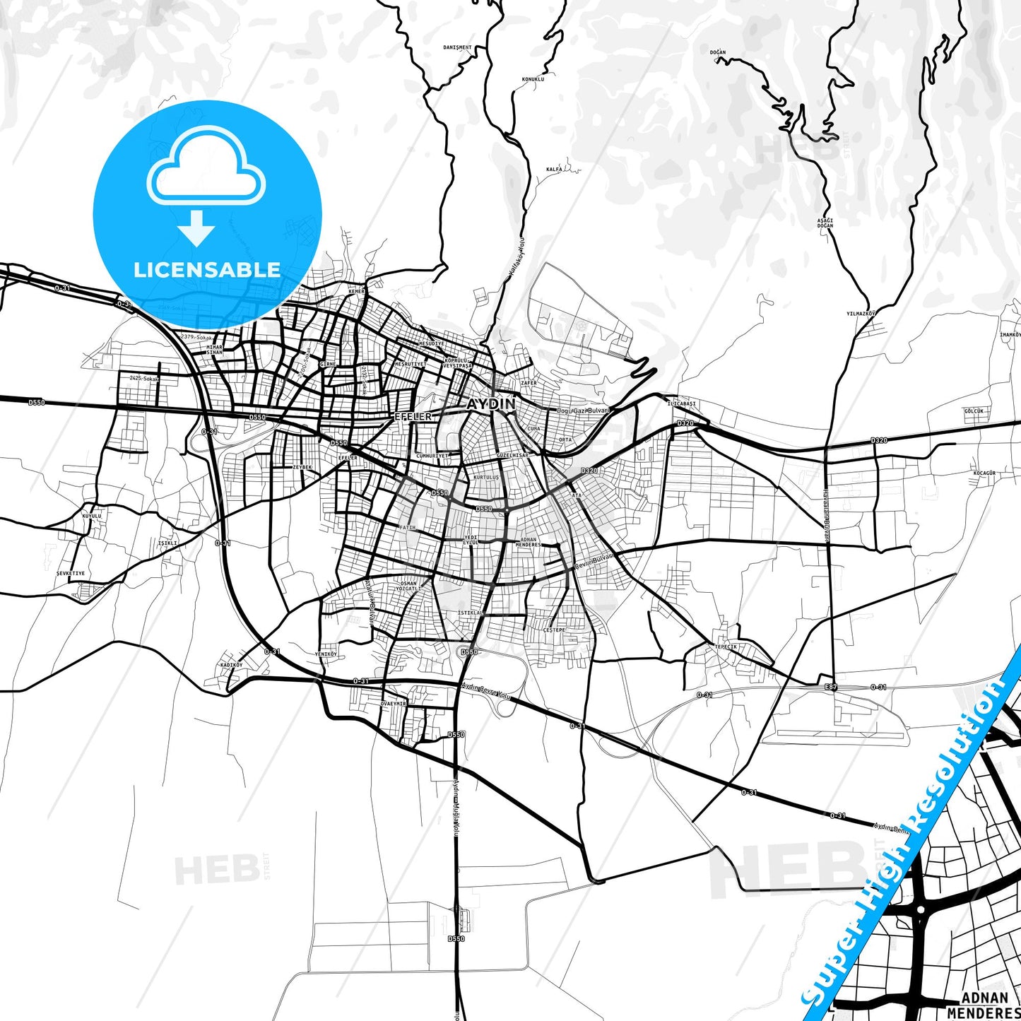 Aydın, Turkey Light Map with Street Names, City Names, and Districts