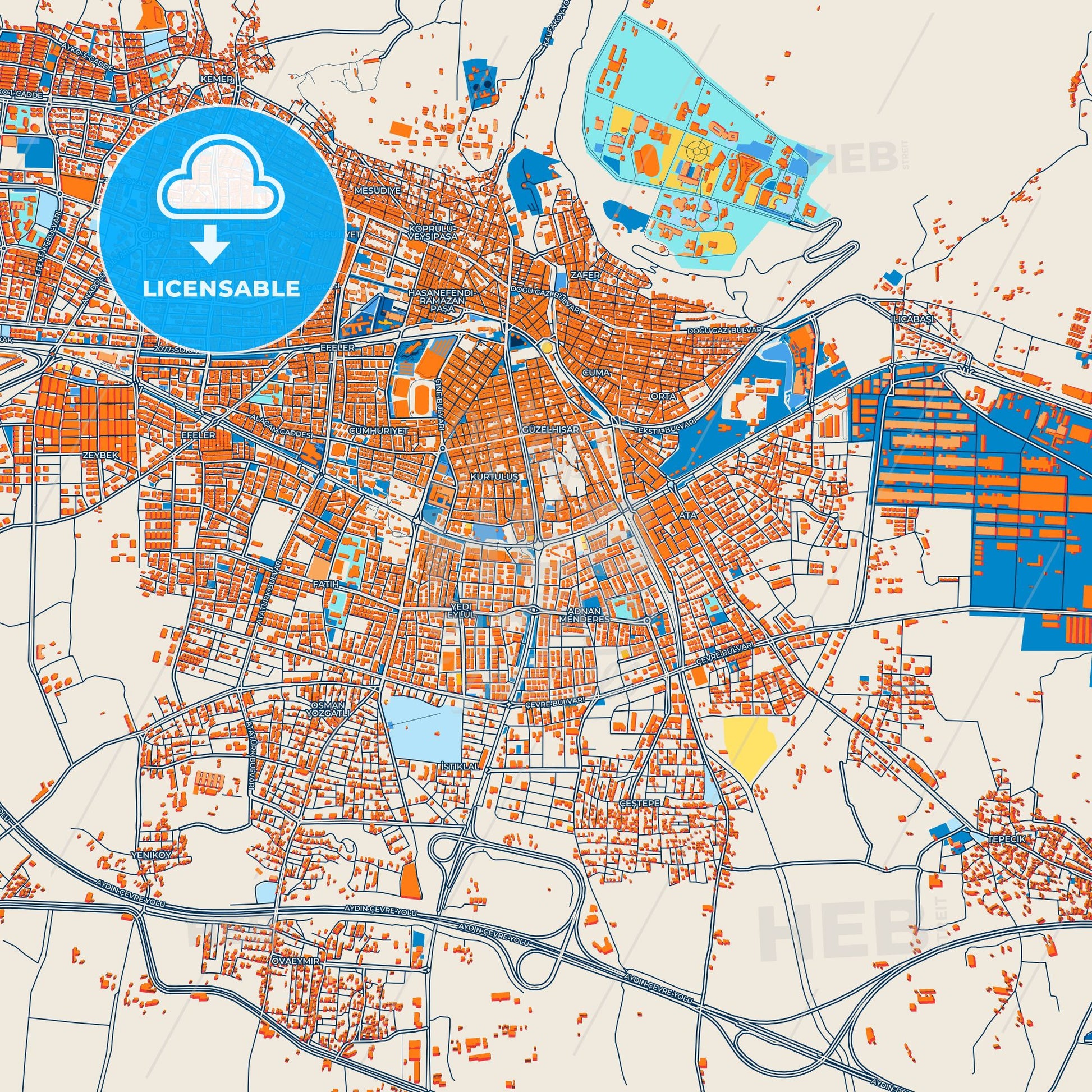 Colorful Aydın Street Map with Labels and Buildings