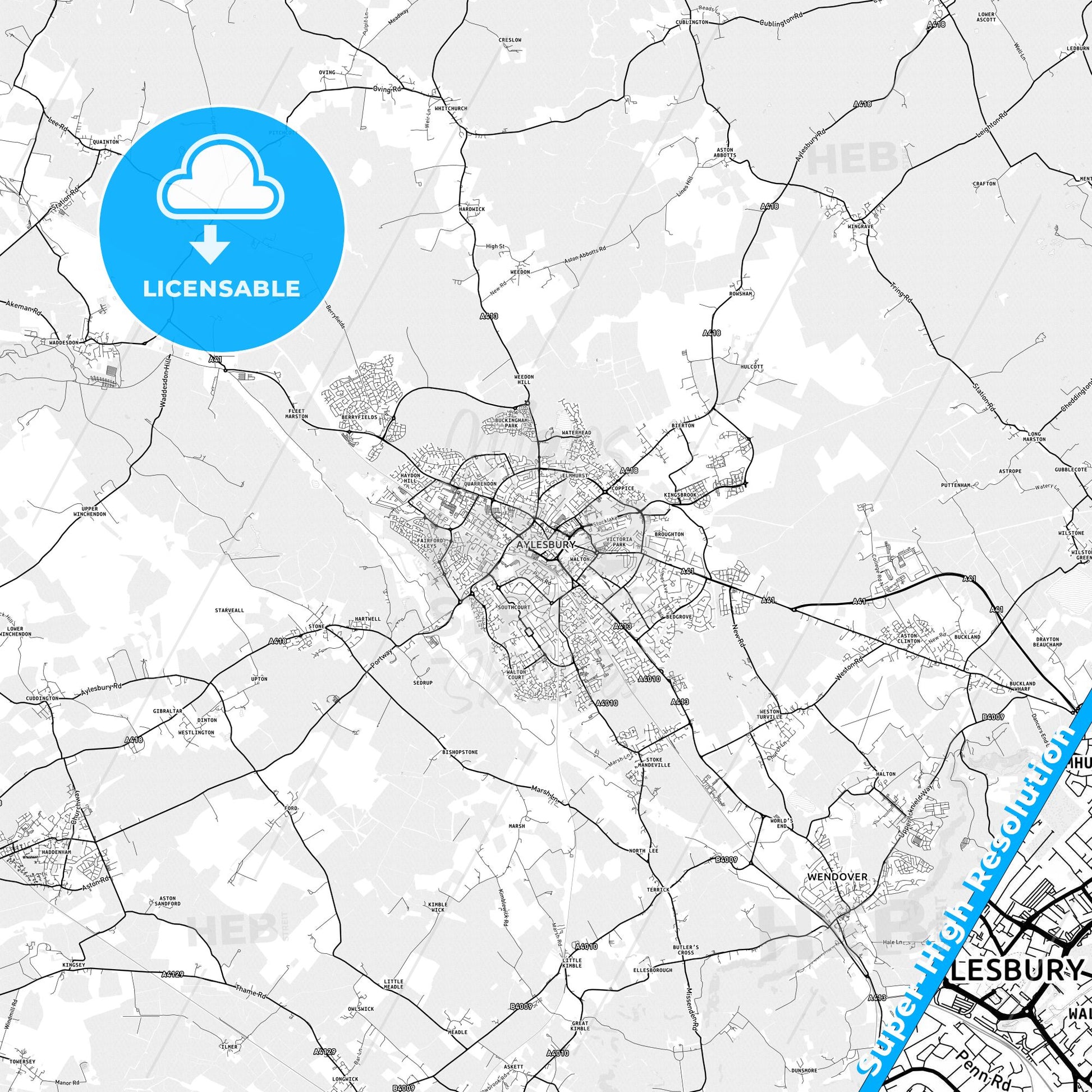 Aylesbury, England light map with streetnames, citynames and districts