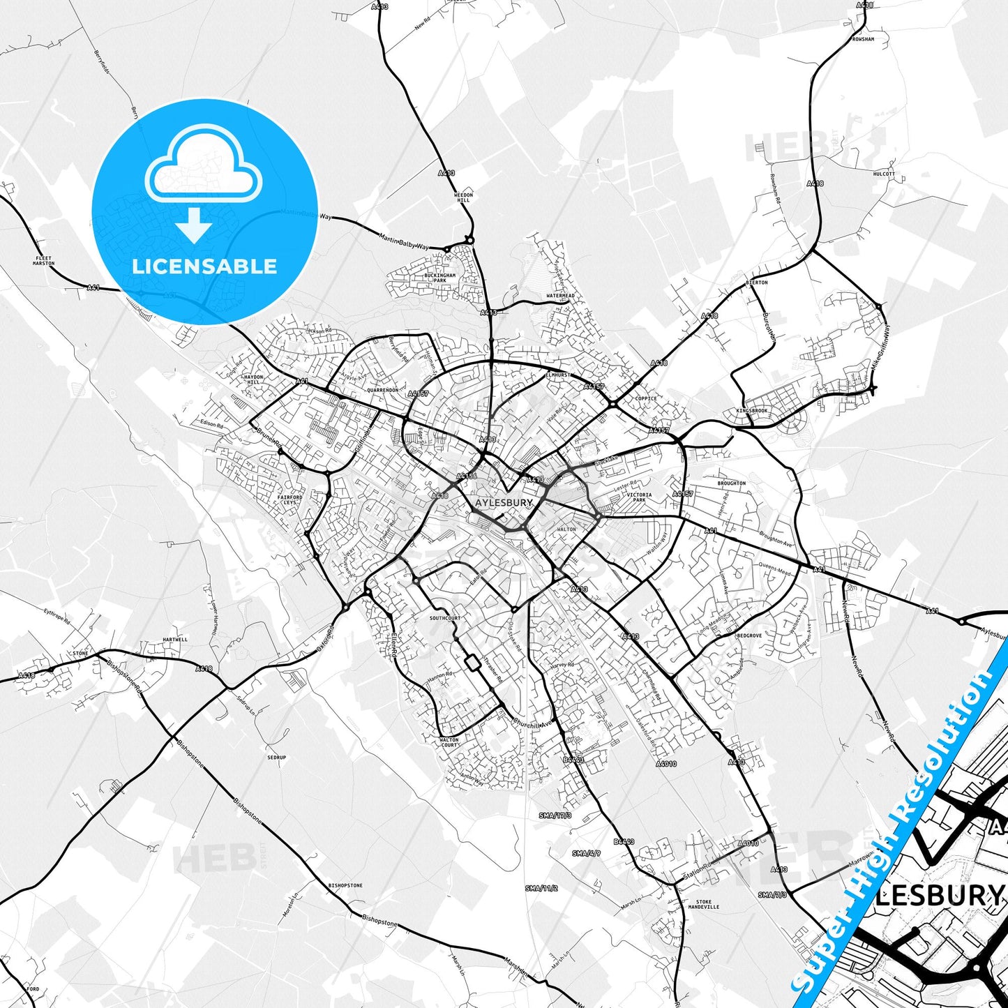 Aylesbury, England Light Map with Street Names, City Names, and Districts