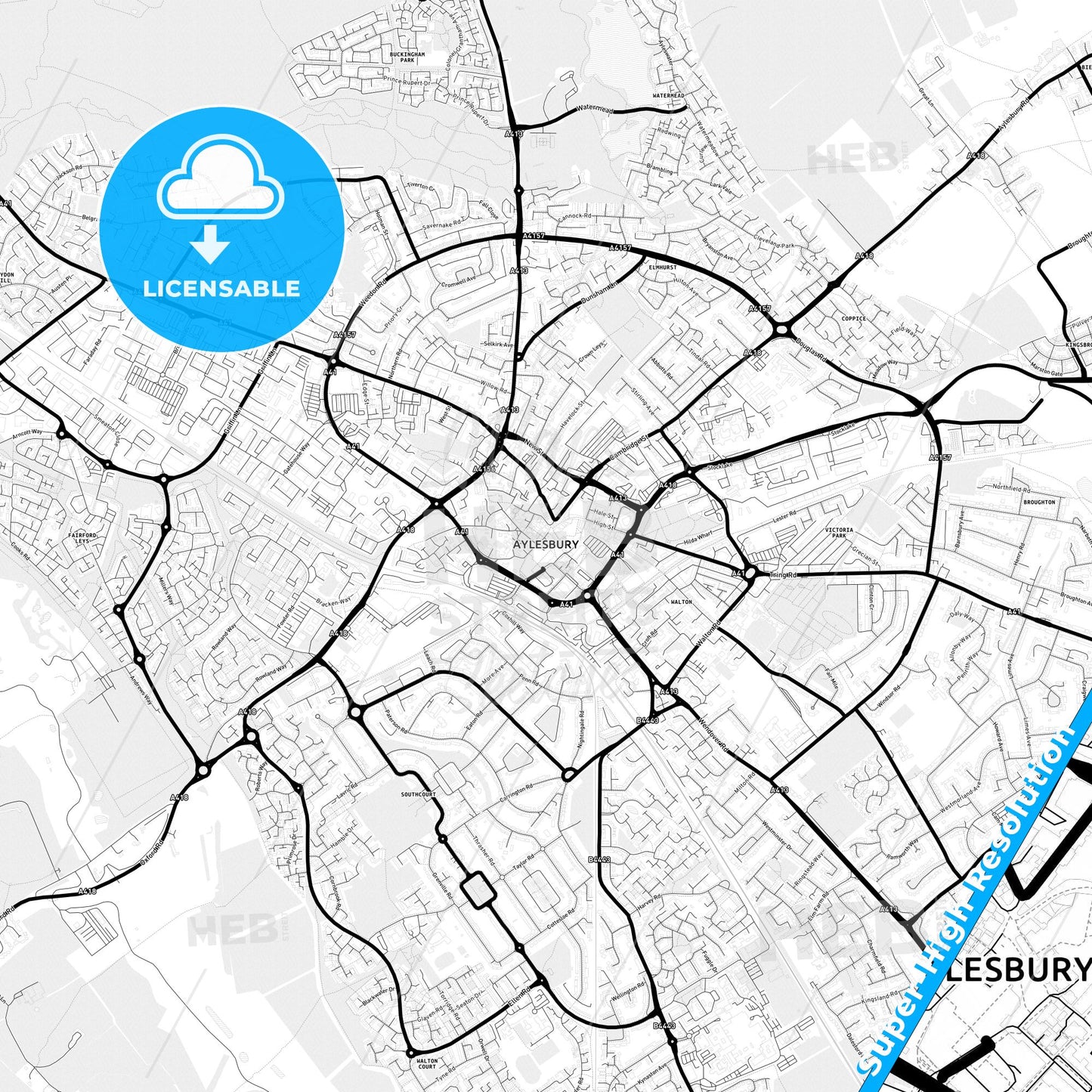 Aylesbury, England Light Map with Street Names, City Names, and Districts