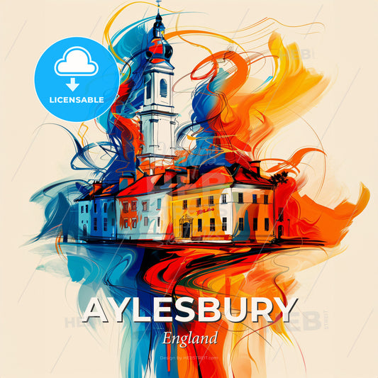 Vibrant Aylesbury, England - A Painting Of A Building With A Tower And A Church In The Background - Square format print template