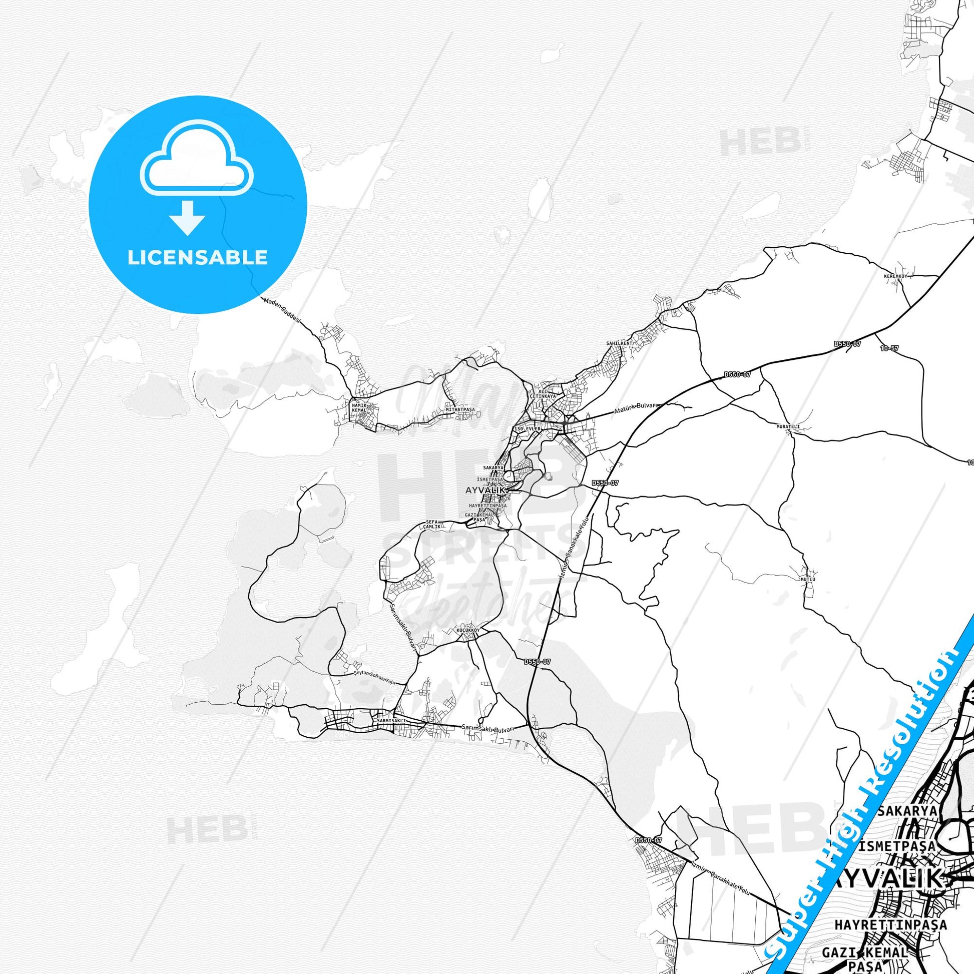 Ayvalık, Turkey light map with streetnames, citynames and districts