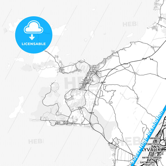 Ayvalık, Turkey light map with streetnames, citynames and districts