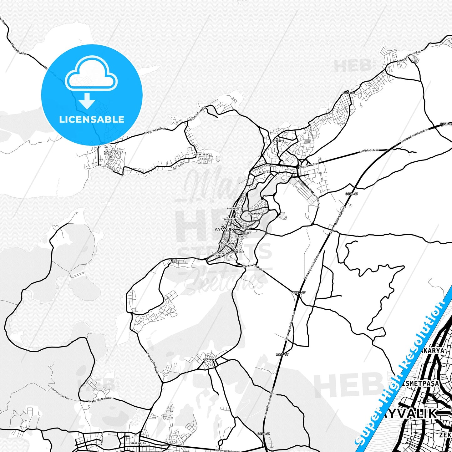 Ayvalık, Turkey Light Map with Street Names, City Names, and Districts
