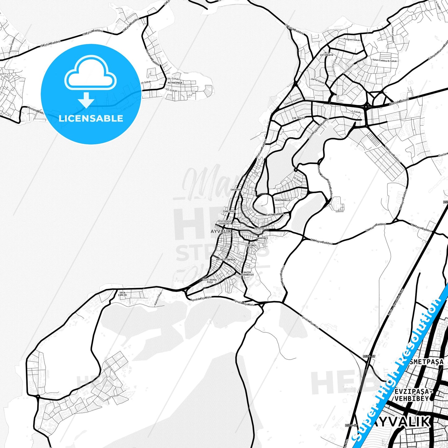 Ayvalık, Turkey Light Map with Street Names, City Names, and Districts