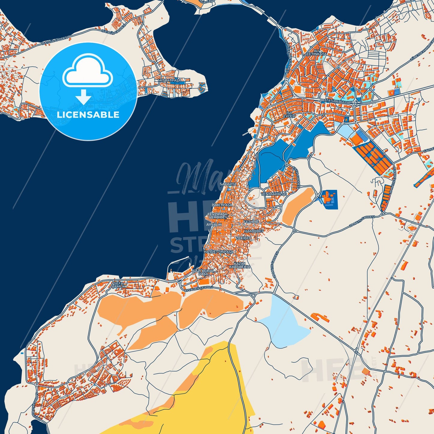 Colorful Ayvalık Street Map with Labels and Buildings