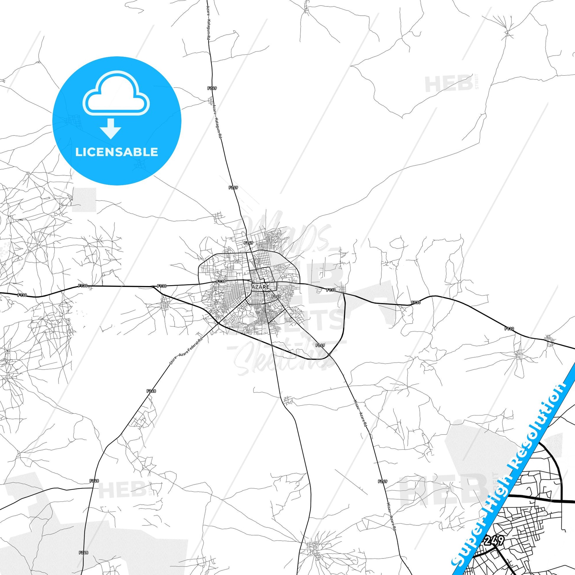 Azare, Nigeria light map with streetnames, citynames and districts