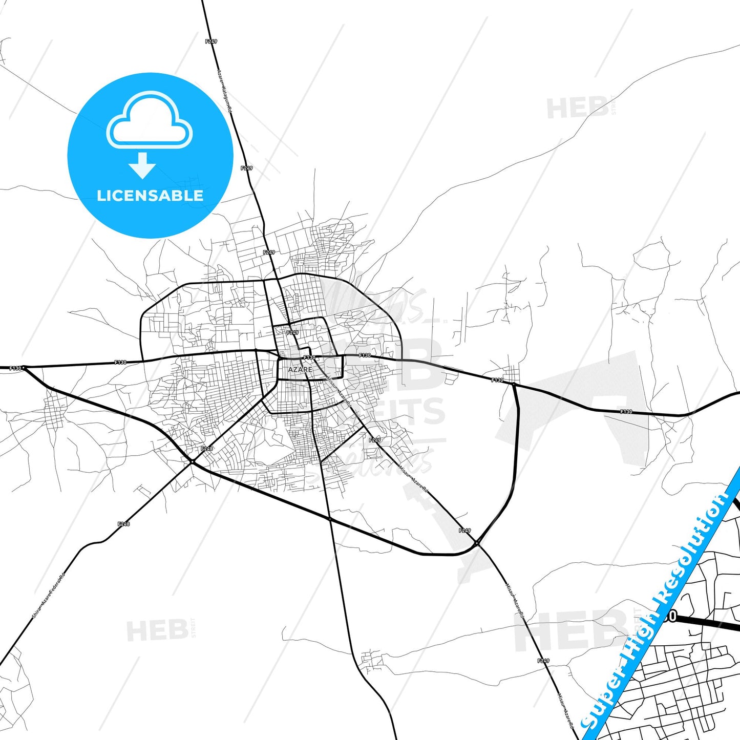 Azare, Nigeria Light Map with Street Names, City Names, and Districts