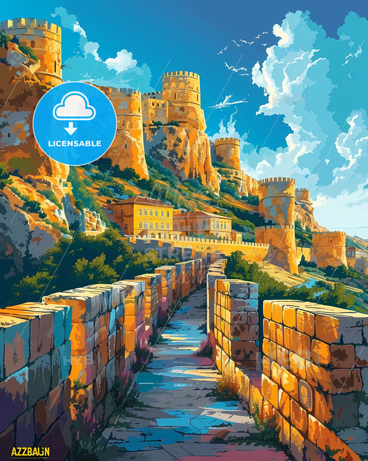 Artistic Stone Castle Wall Painting, Vibrant Azerbaijan European Architecture