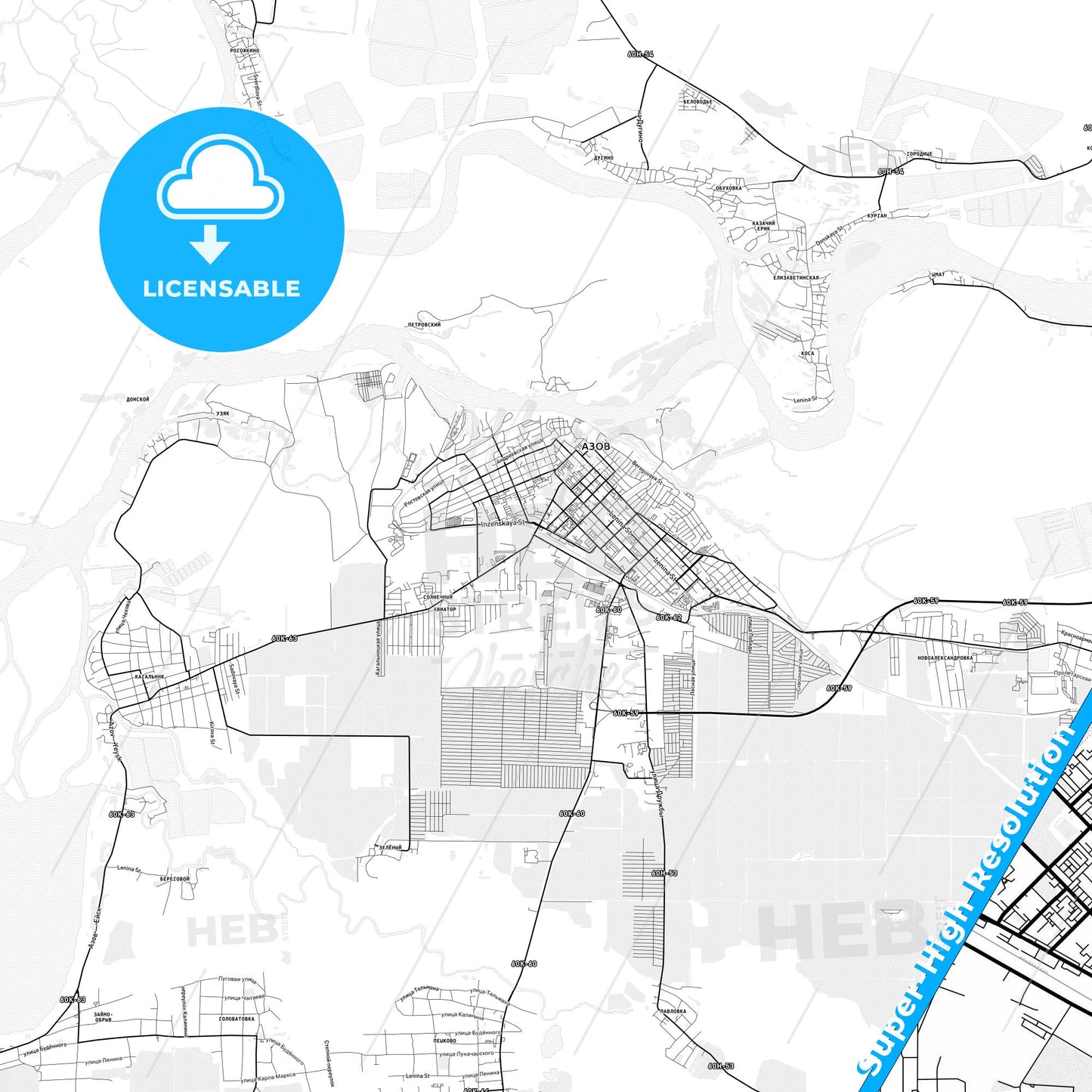 Azov, Russia light map with streetnames, citynames and districts