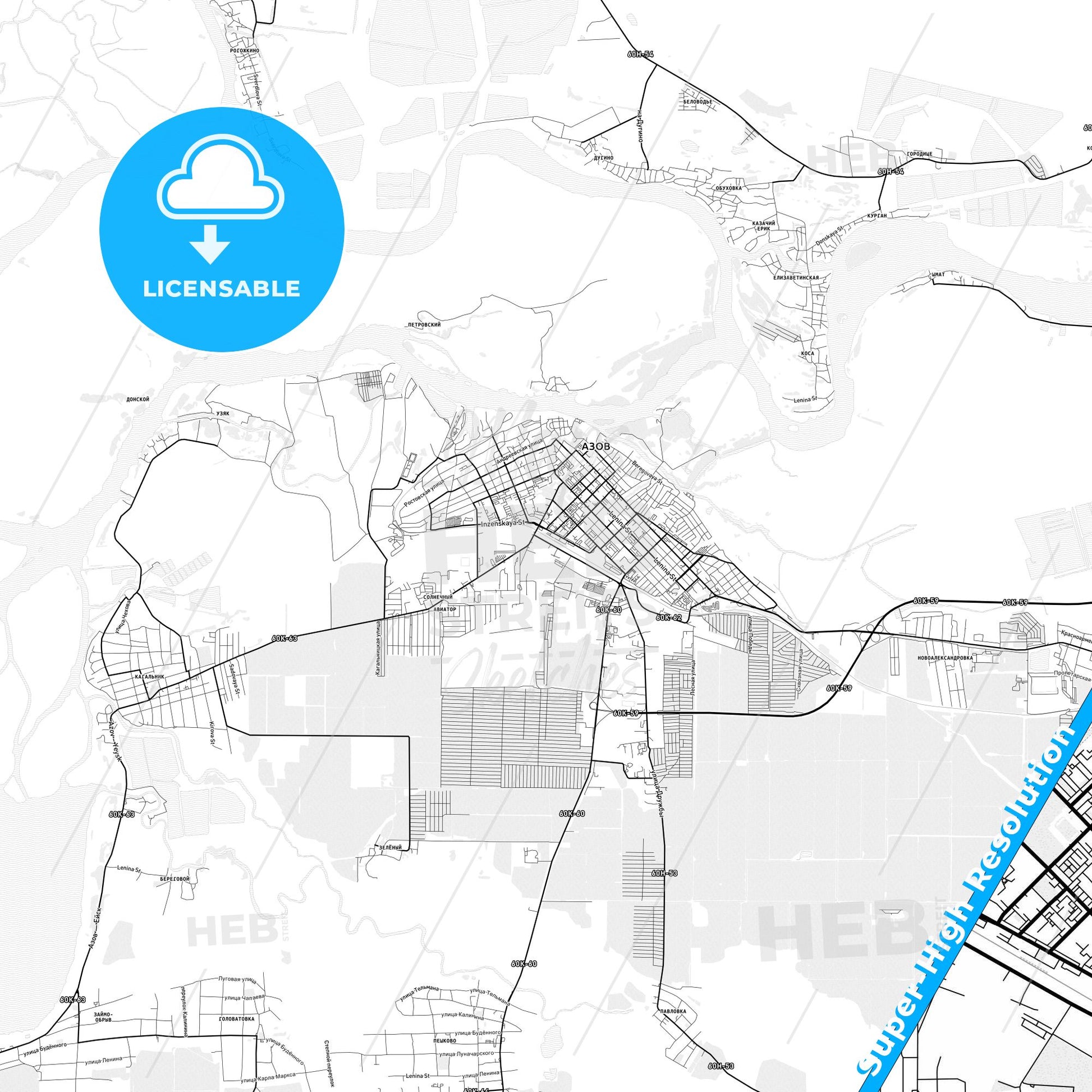 Azov, Russia light map with streetnames, citynames and districts