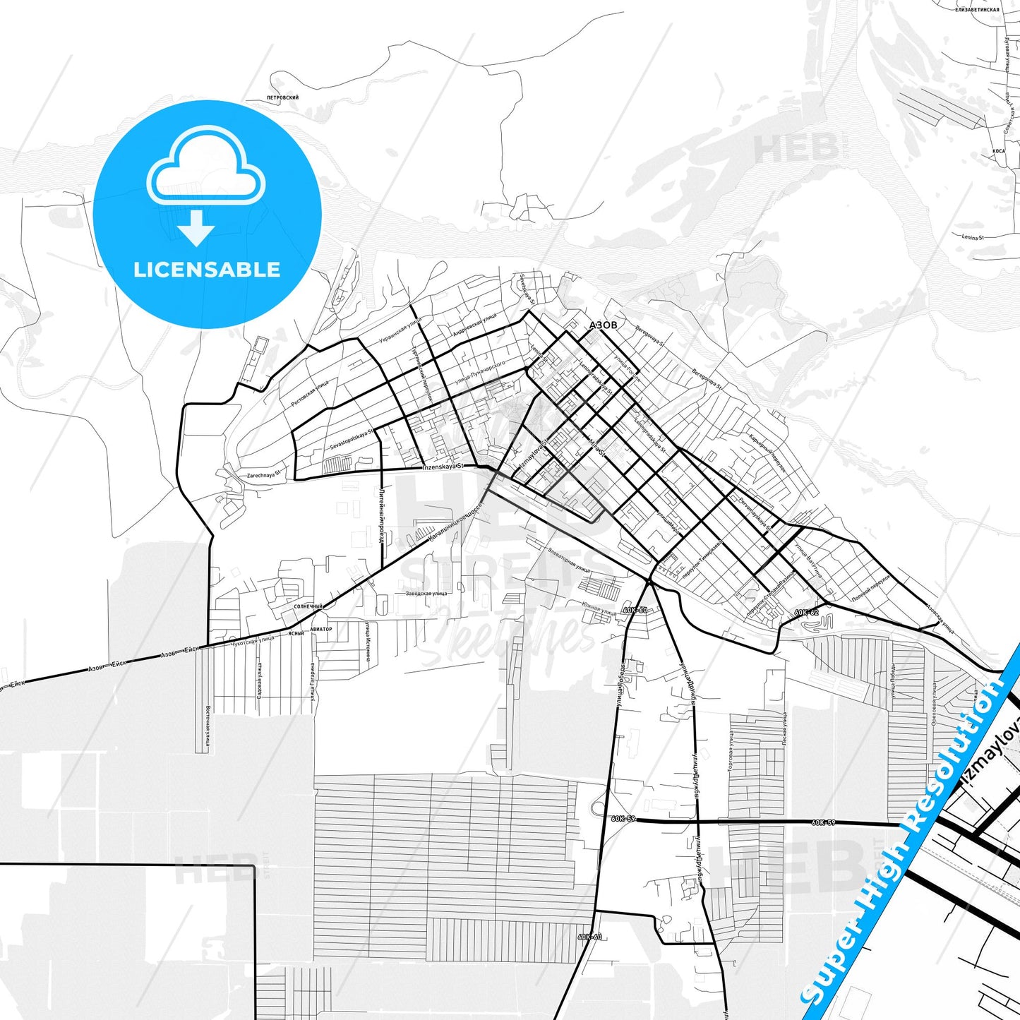 Azov, Russia Light Map with Street Names, City Names, and Districts