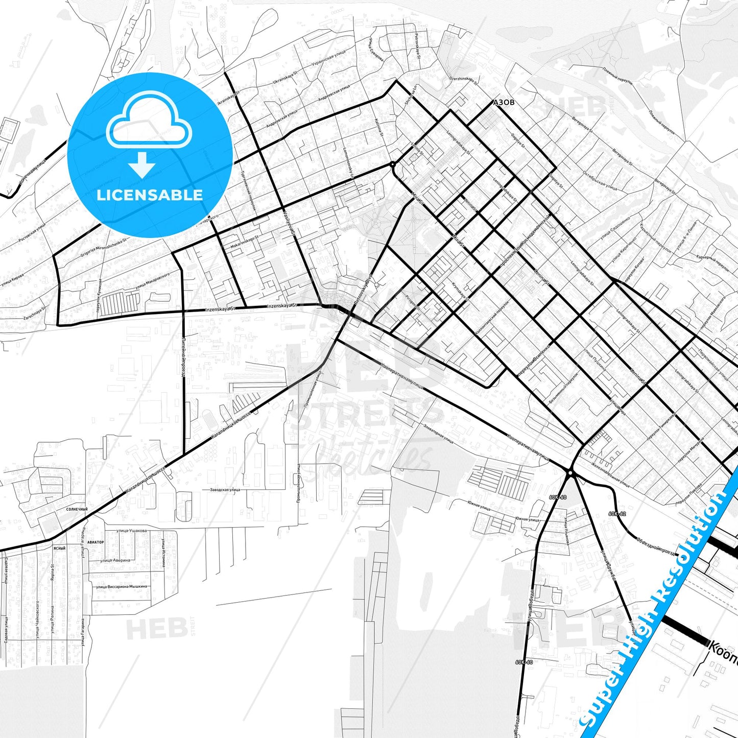 Azov, Russia Light Map with Street Names, City Names, and Districts
