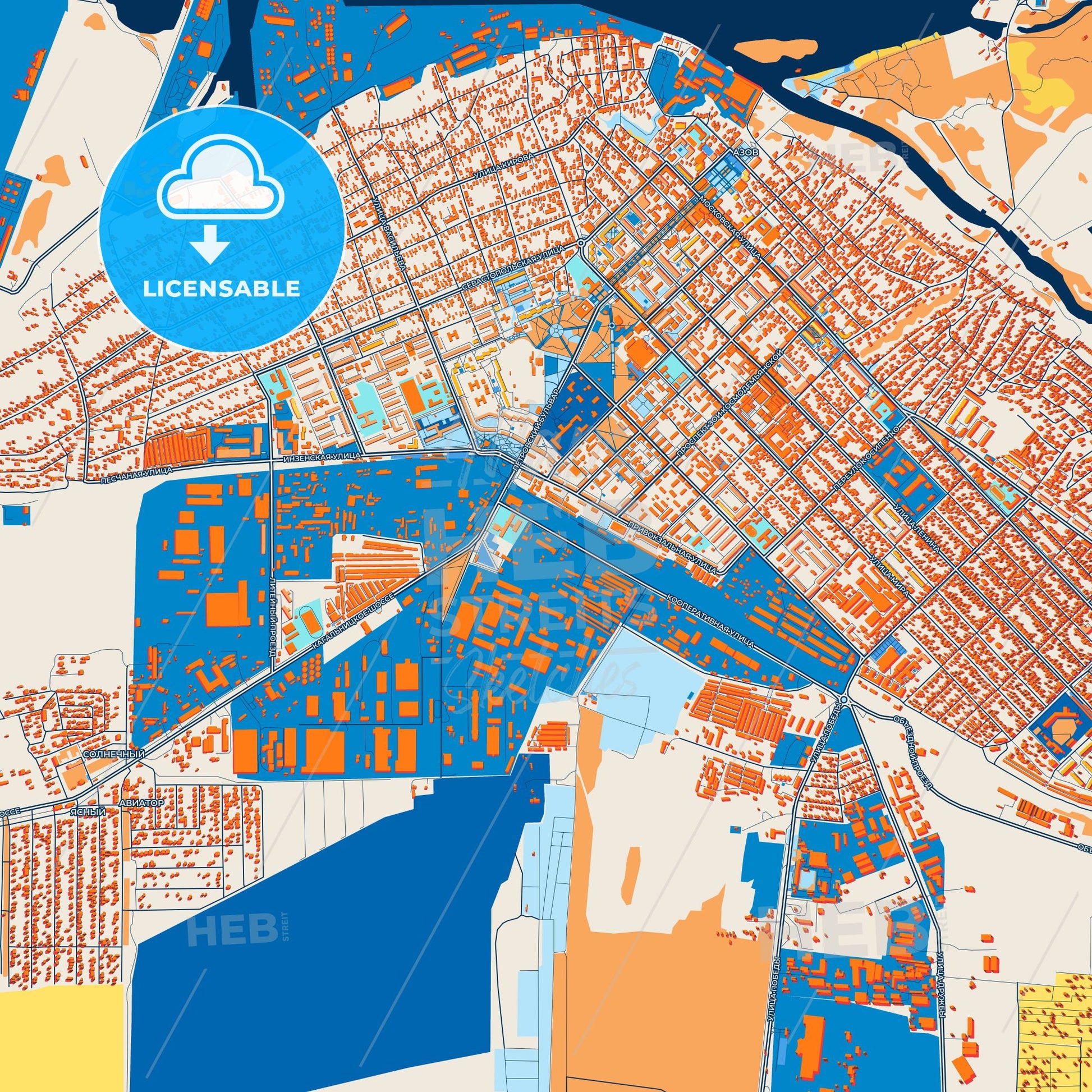 Colorful Azov Street Map with Labels and Buildings