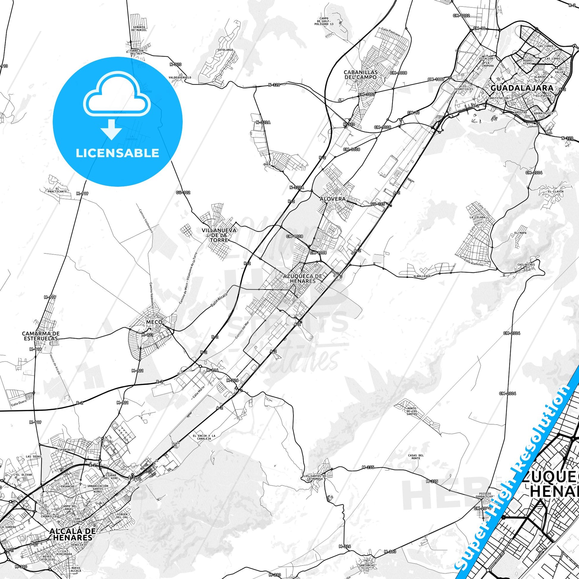 Azuqueca de Henares, Spain light map with streetnames, citynames and districts