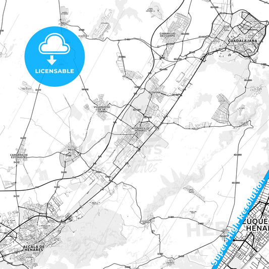 Azuqueca de Henares, Spain light map with streetnames, citynames and districts