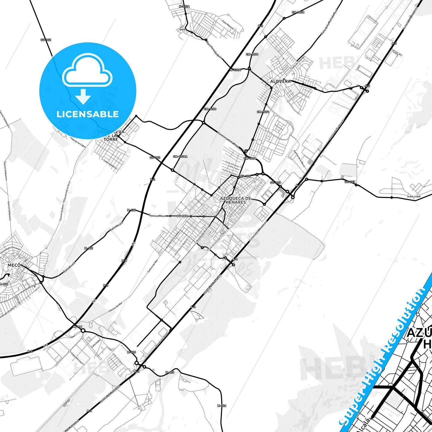 Azuqueca de Henares, Spain Light Map with Street Names, City Names, and Districts
