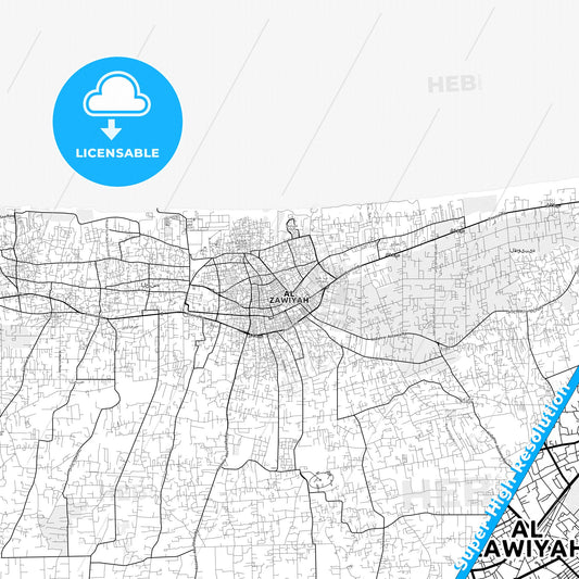 Az Zawiyah, Libya light map with streetnames, citynames and districts