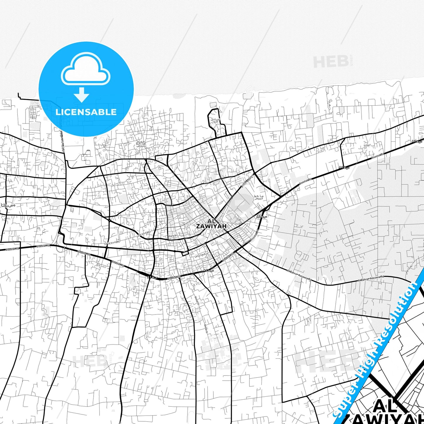 Az Zawiyah, Libya Light Map with Street Names, City Names, and Districts