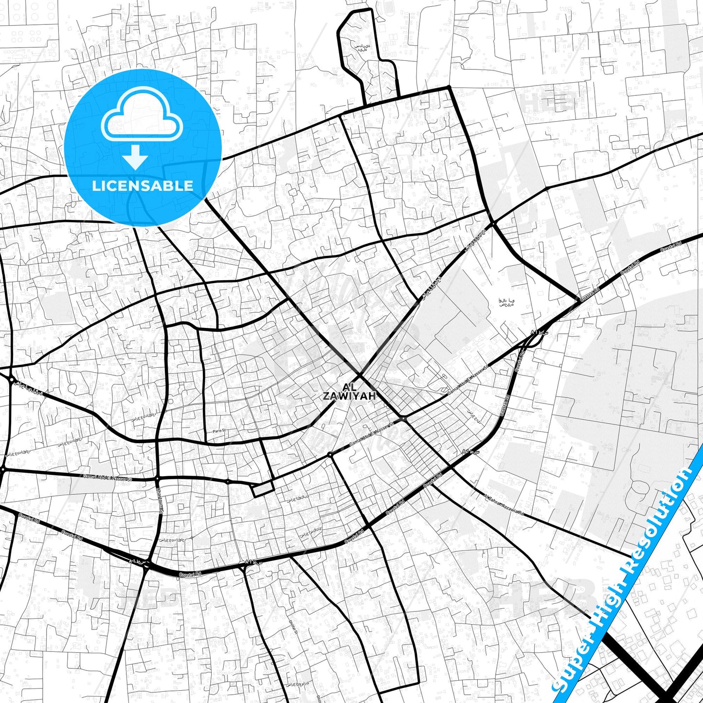 Az Zawiyah, Libya Light Map with Street Names, City Names, and Districts