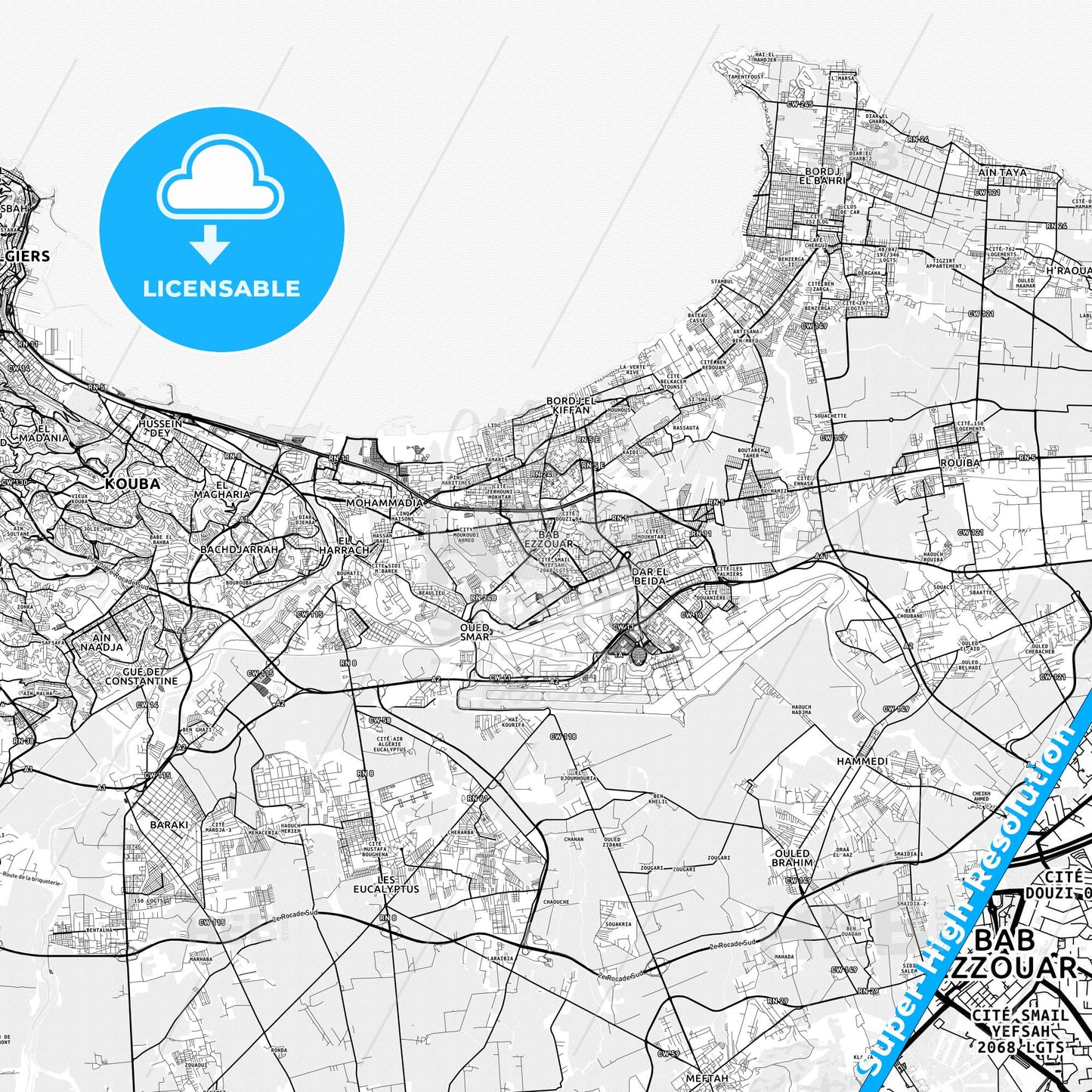 Bab Ezzouar, Algeria light map with streetnames, citynames and districts