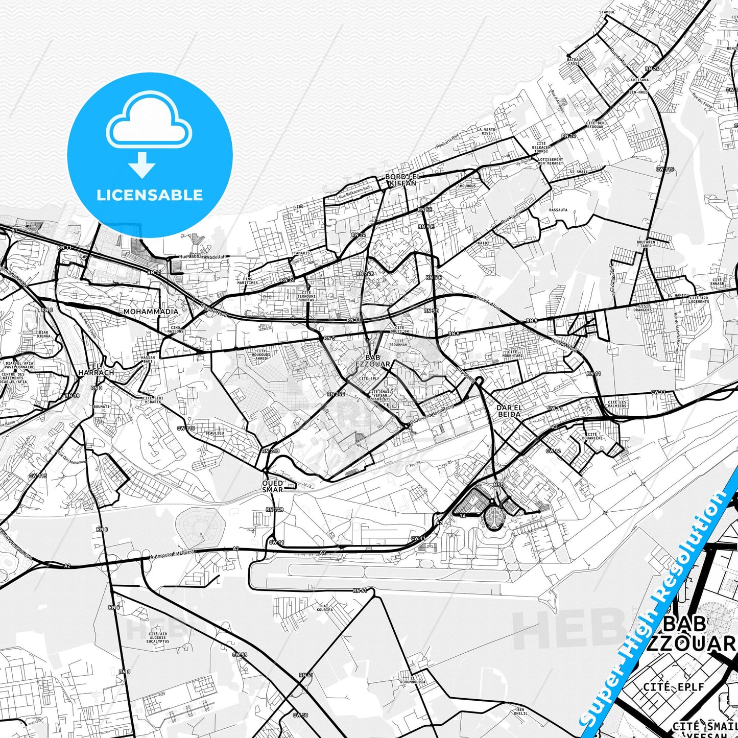 Bab Ezzouar, Algeria Light Map with Street Names, City Names, and Districts