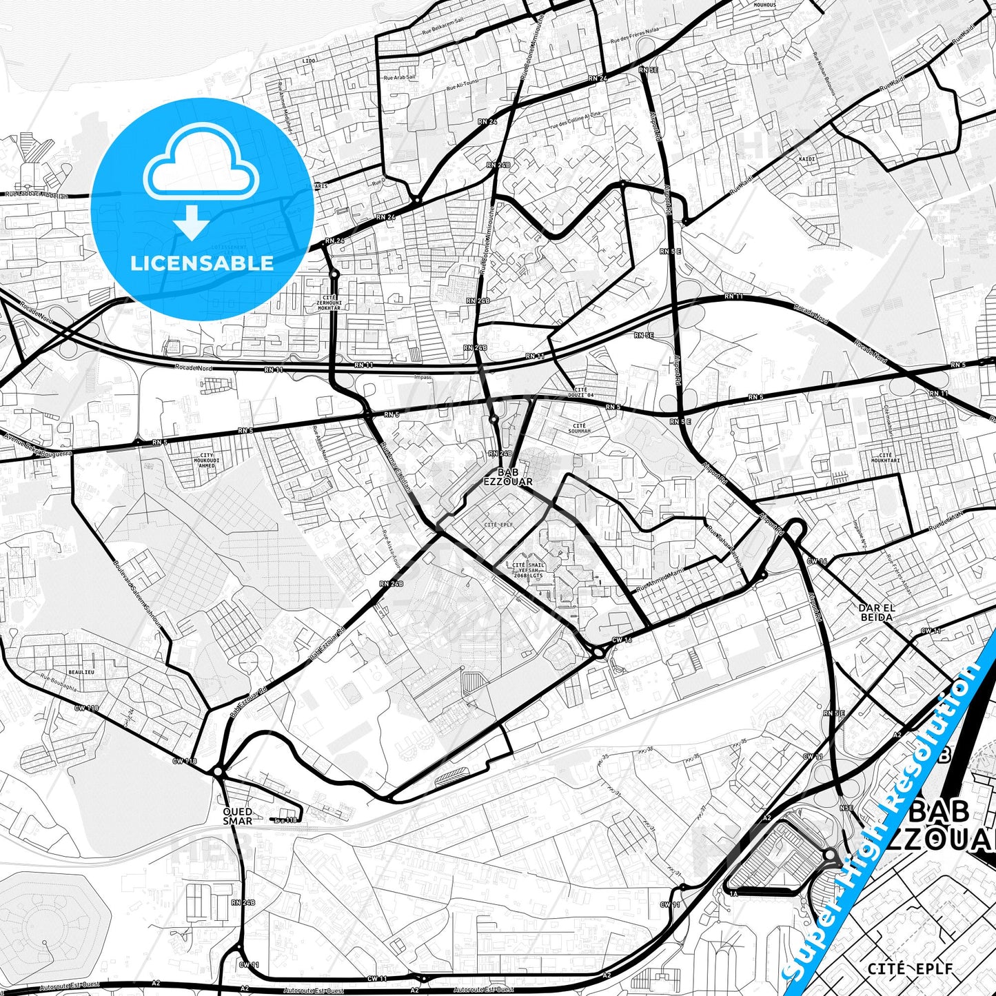 Bab Ezzouar, Algeria Light Map with Street Names, City Names, and Districts