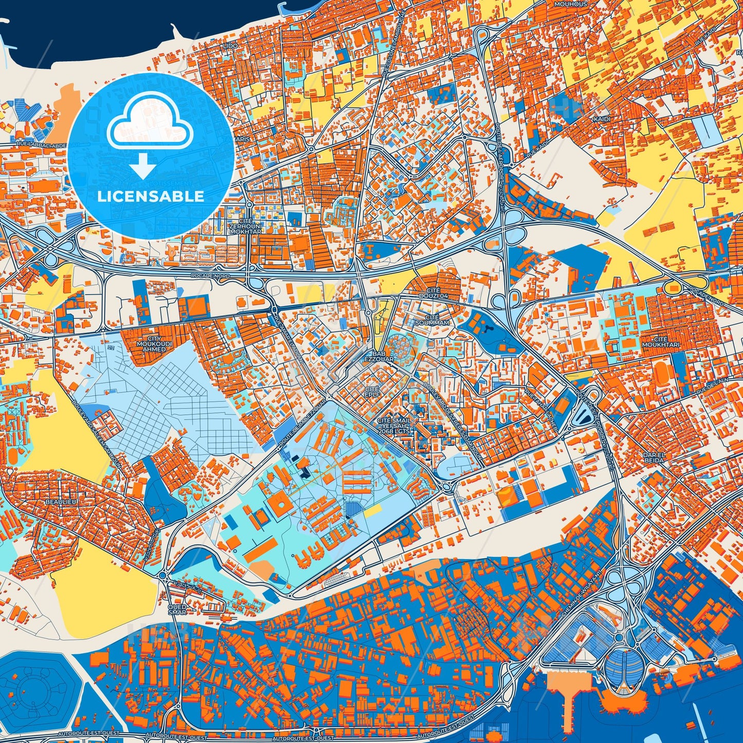 Colorful Bab Ezzouar Street Map with Labels and Buildings