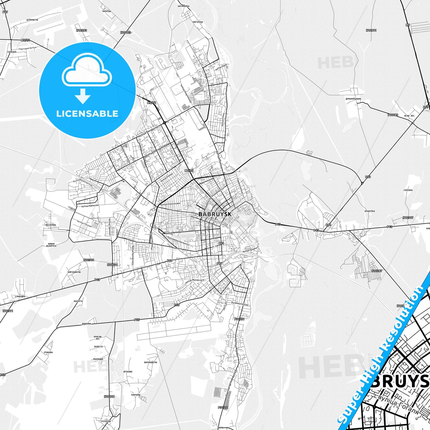 Babruysk, Belarus light map with streetnames, citynames and districts