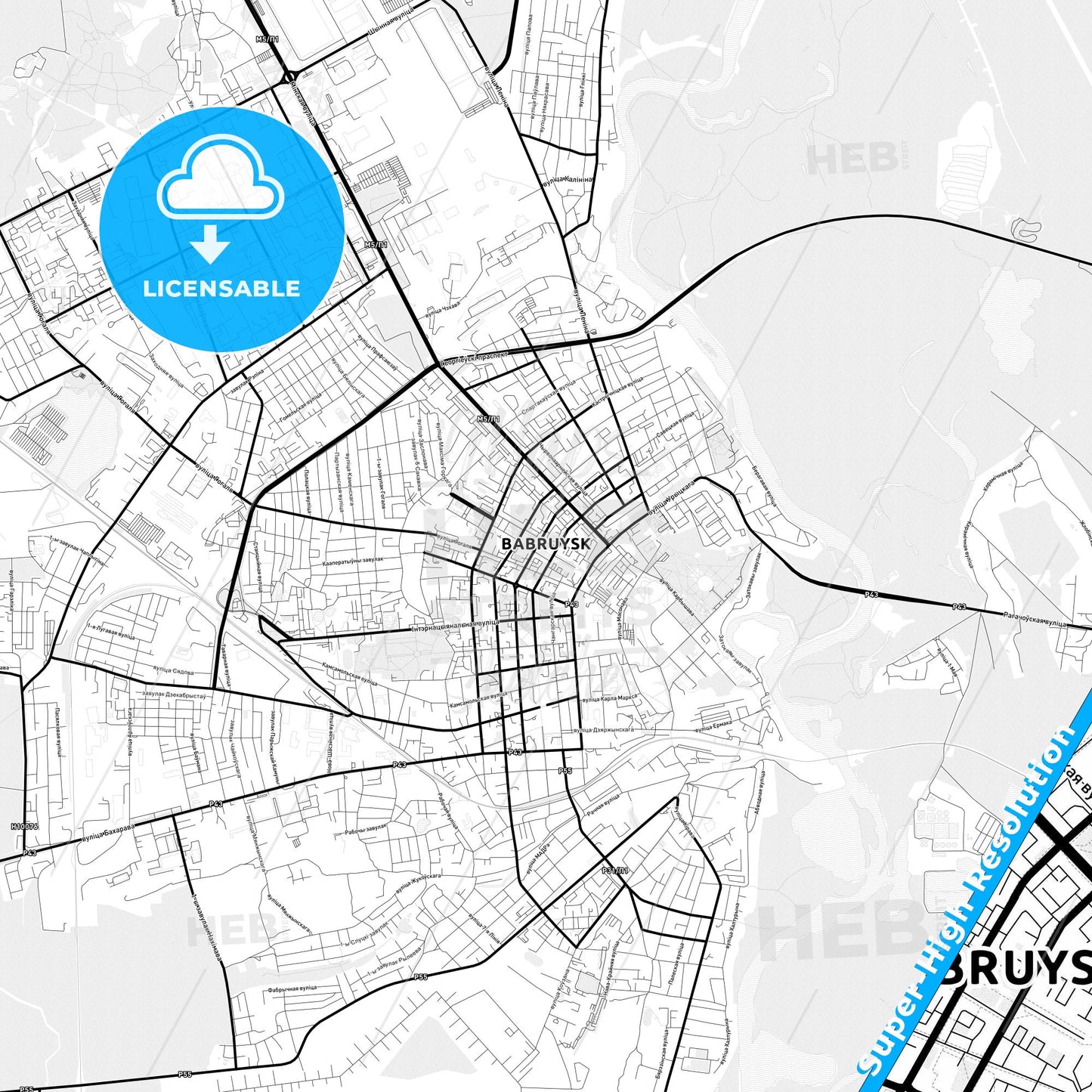 Babruysk, Belarus Light Map with Street Names, City Names, and Districts