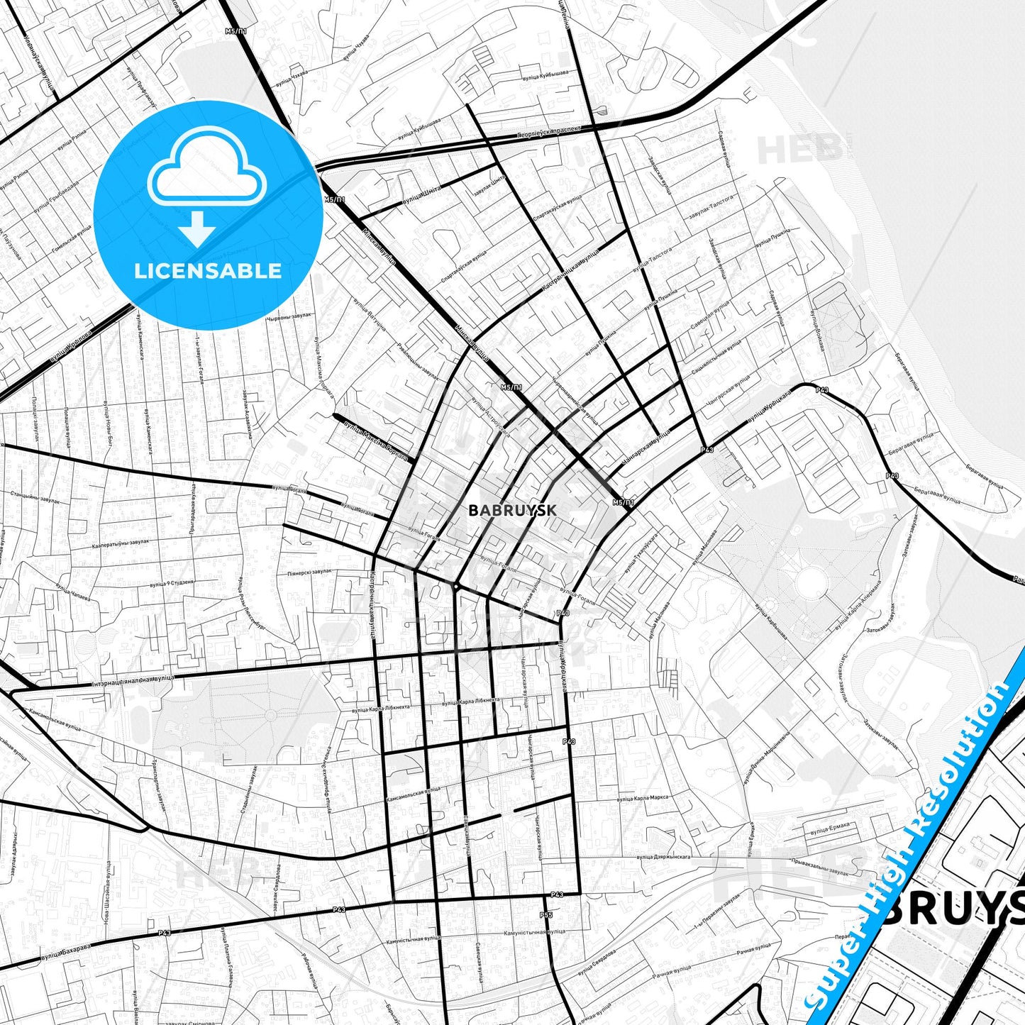 Babruysk, Belarus Light Map with Street Names, City Names, and Districts