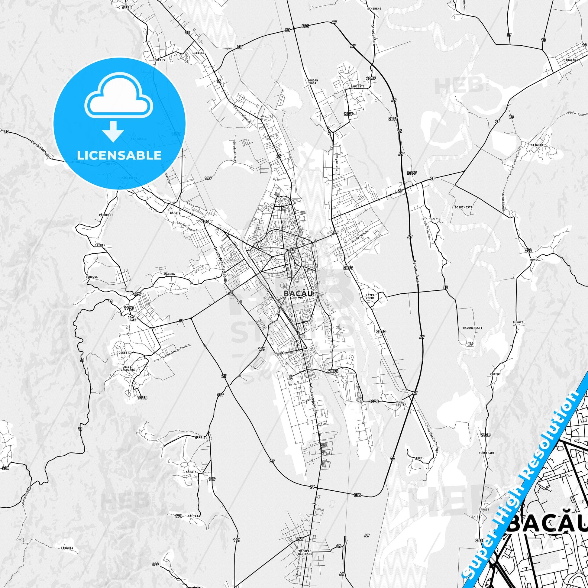 Bacău, Romania light map with streetnames, citynames and districts