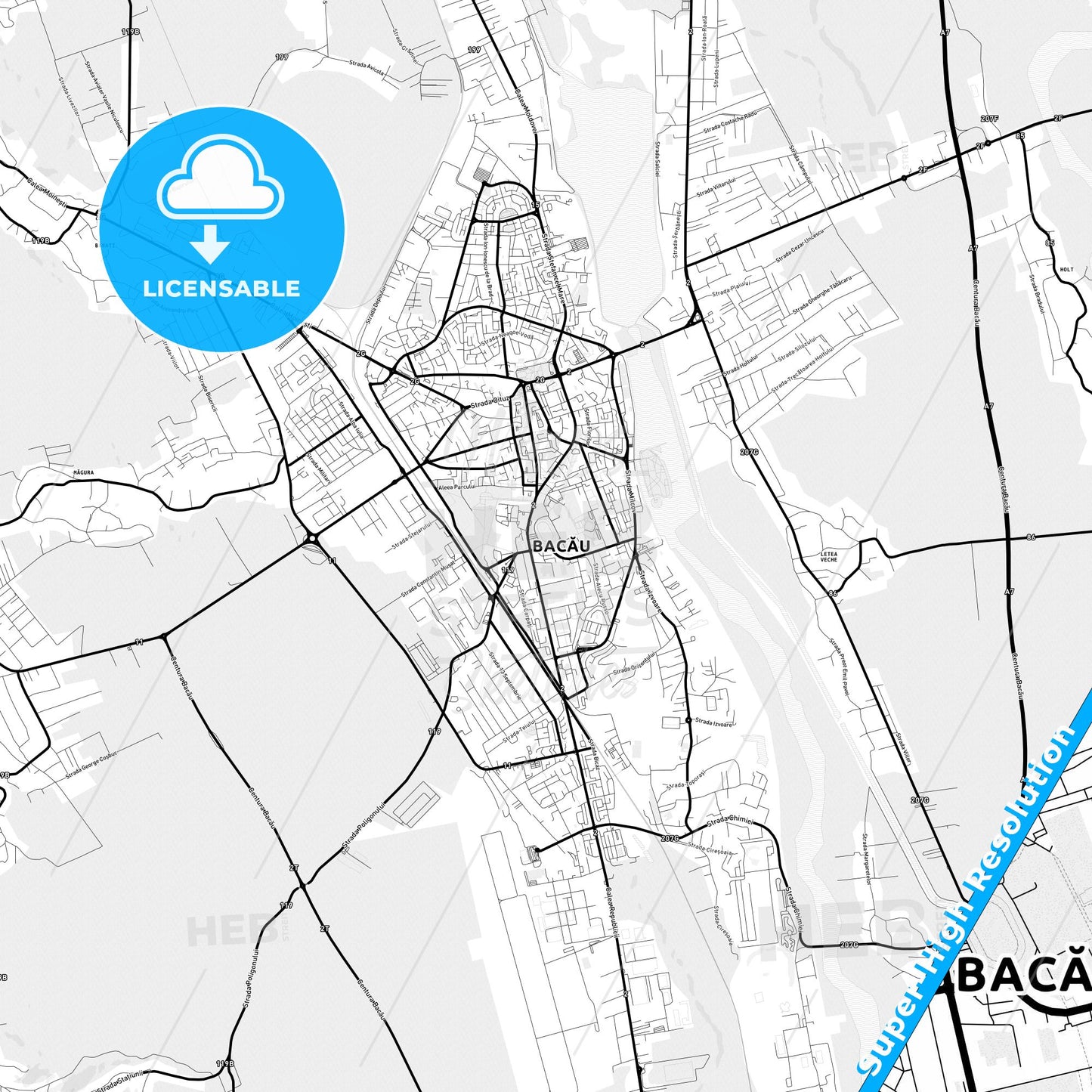 Bacău, Romania Light Map with Street Names, City Names, and Districts