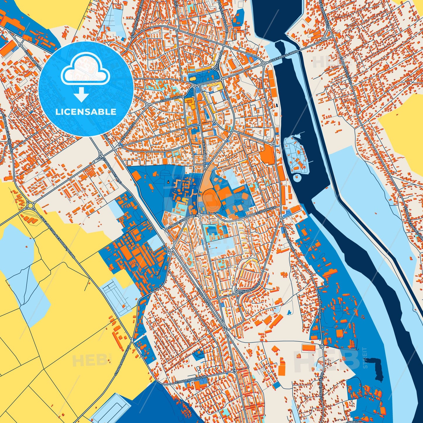 Colorful Bacău Street Map with Labels and Buildings
