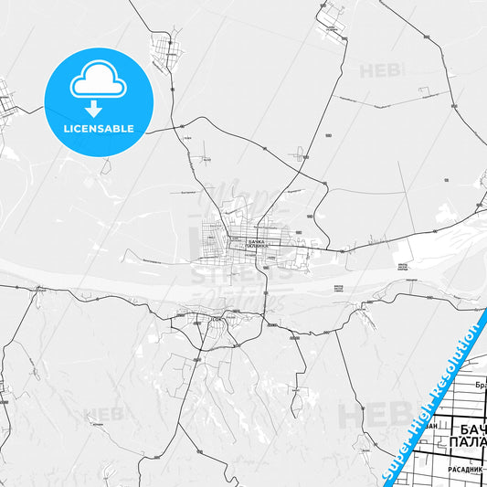 Bačka Palanka, Serbia light map with streetnames, citynames and districts