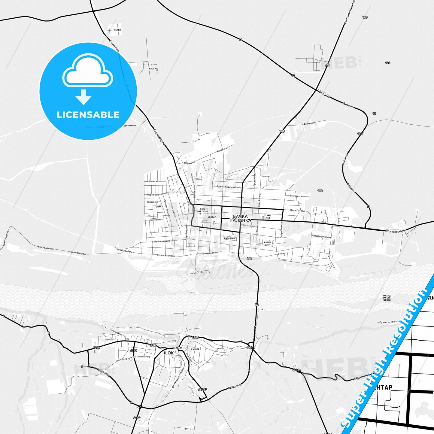 Bačka Palanka, Serbia Light Map with Street Names, City Names, and Districts