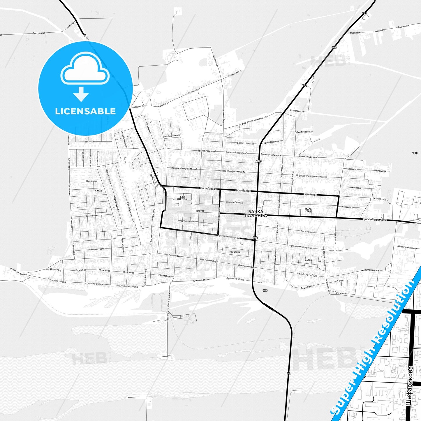 Bačka Palanka, Serbia Light Map with Street Names, City Names, and Districts